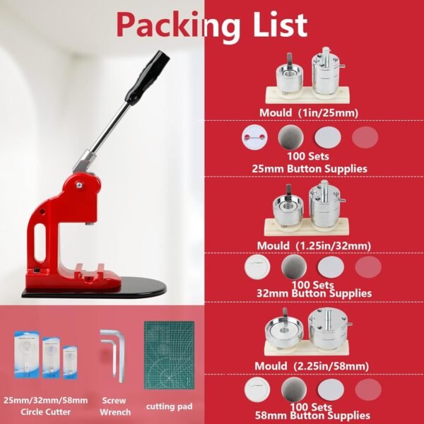 Button Maker Machine Multiple Sizes, Button Pin Maker 1+1.25+2.25 inch, Interchangeable Button-models Badge Button Press Machine with 300 Sets Button Maker Supplies &Circle Cutter&Cutting Mat