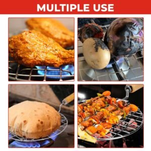 Papad Jali Roast, Paneer Grill, Roti Maker, Barbeque Jali Roaster Chapati Toast Grill Wooden Handle Vegetable tandoor net, Baigan Bharta (Square)