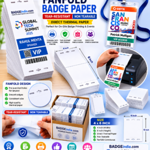 BADGEIndia – On-site badge printing solutions | Fanfold – Tear-resistant direct thermal paper badges | On-site badge printing for events – Batches for global events, trade shows, AI summits, conferences, festivals, delegates, and exhibitions | Buy custom name tags and event badges – Available in various shapes, sizes, and finishes (tear-resistant) | 2026: Book tickets for upcoming events.